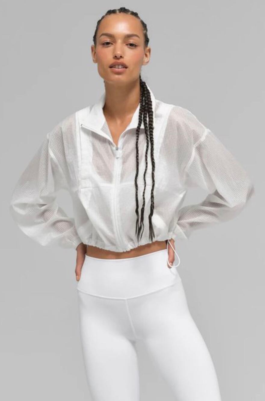Alo Yoga Sheer Cropped Windbreaker Jacket White Full Zip Drawstring Small EUC